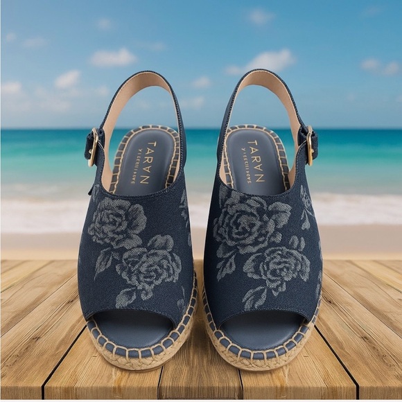 Taryn Rose Shoes - Taryn Rose Navy Floral Espadrille Wedges
